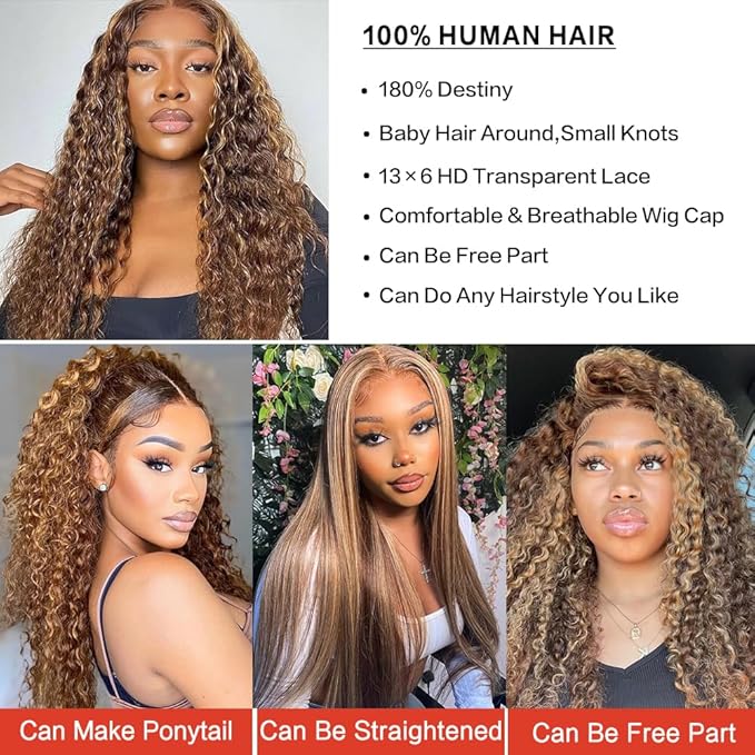 Highlight Ombre 13x6 Lace Front Wig Human Hair Deep Wave Honey Blonde Glueless HD Transparent Lace Frontal Wigs for Women 180 Density Human Hair (highlight ombre deep wave, 24 inch)