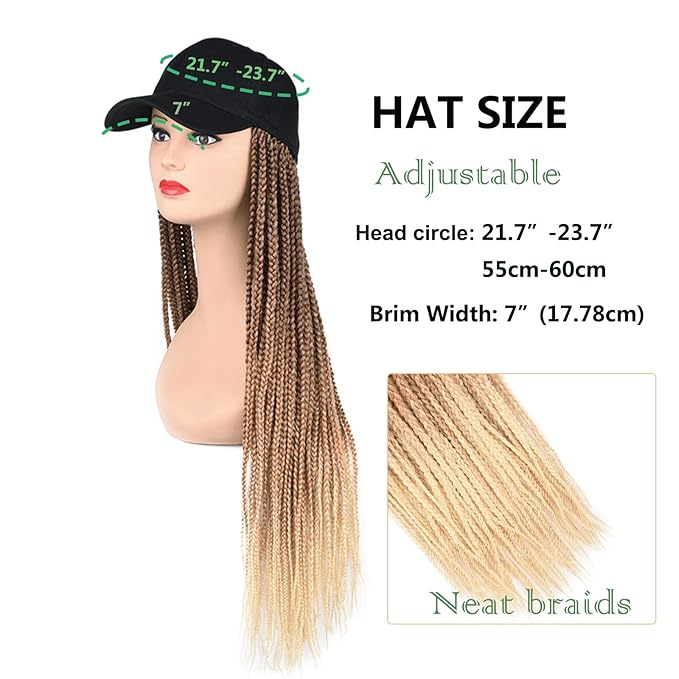 Hat Wig for Women Baseball Cap with Braided Hair Attached 24inch long Synthetic Box Braid Wig Hat Adjustable Cap with ombre brown blonde light blonde Braids for Daily Outdoor Use(B-70)