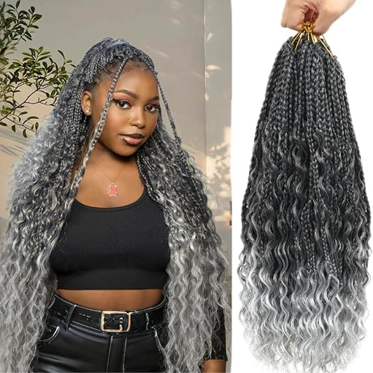 Eacia Goddess Box Braids Crochet Hair 18 Inch 7 Packs Ombre Gray Pre Looped Boho Box Braids Crochet Hair Extensions with Curly Ends(18 Inch, T1B/Gray#)