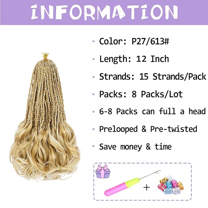 French Curl Crochet Braids 12 Inch Goddess Box Braids Crochet Hair Pre Looped Crochet Box Braid with Curly Ends Synthetic French Curly Braiding Hair Extensions 8 Packs P27/613