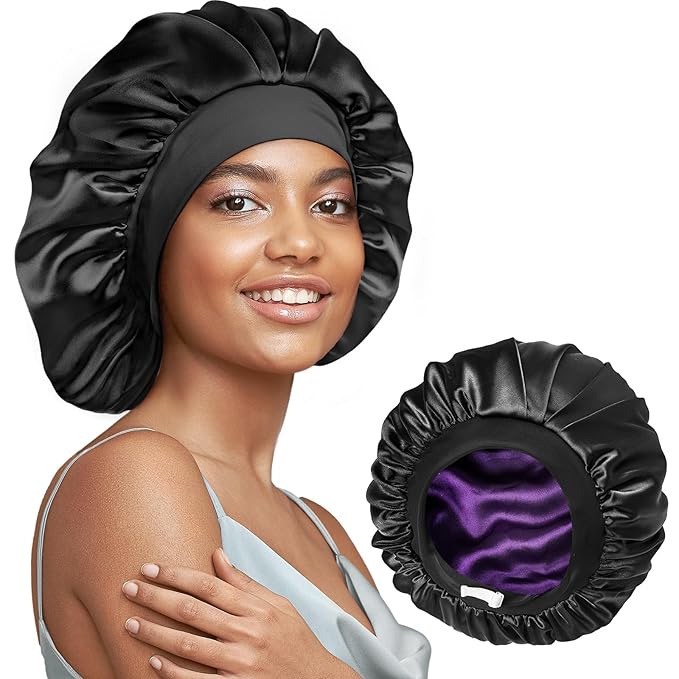 22 Momme 100% Real Mulberry Silk Bonnet for Sleeping Women, Large Hair Care Bonnet for Long Curly Hair, Double Layer Silk Wrap with Soft Elastic Band, Non-Slip Sleep Cap, Black+Purple