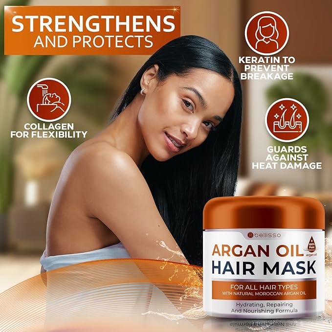 Moroccan Argan Oil Mask - Deep Conditioning Moisturizer for Dry, Extremely Damaged Hair - Hydrating Repair Treatment for Split Ends - With Collagen and Keratin for Curly, Frizzy and Color Treated Hair