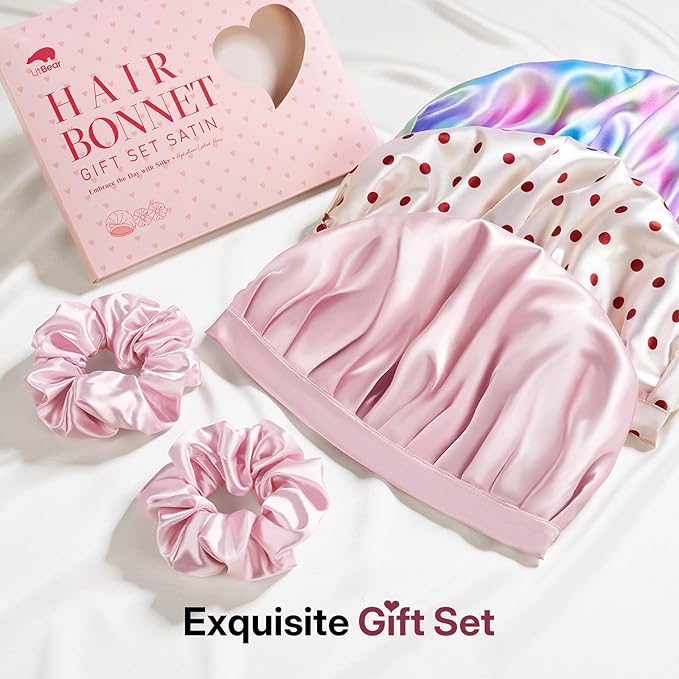 LitBear Silk Satin Bonnet for Sleeping Women, Adjustable Double Layer Hair Bonnet with Scrunchies for Curly Natural Hair, Non Slip Softer Night Sleep Cap Pink
