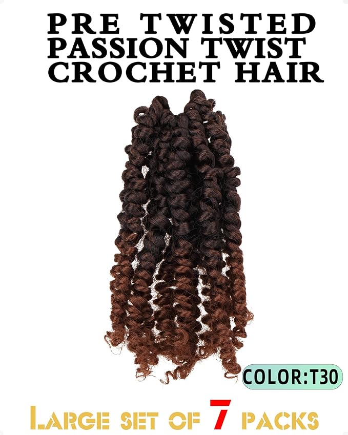 Passion Twist Crochet Hair for Black Women-7 Packs 6 Inches Ombre Brown Short Pre-twisted Pre Looped Crochet hair,Synthetic Braiding Hair Extensions(T1B/30)
