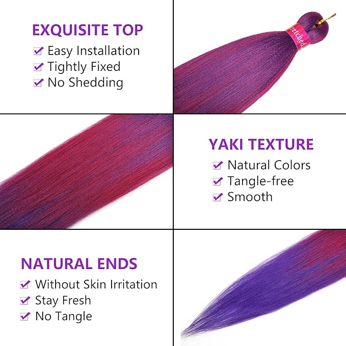 Rose/Dark Purple Braiding Hair Pre Stretched 2 Packs Box Braids Hair Extensions 26 Inches Synthetic Pre Stretched Braiding Hair…