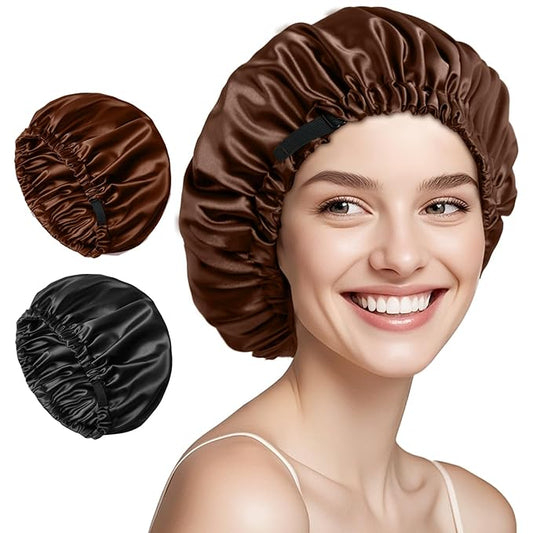 Satin Bonnet for Women,Double Layer Adjustable Sleep Cap, Soft and Silk Hair Bonnet for Curly Hair Protection, 2 Pack (Black & Brown)