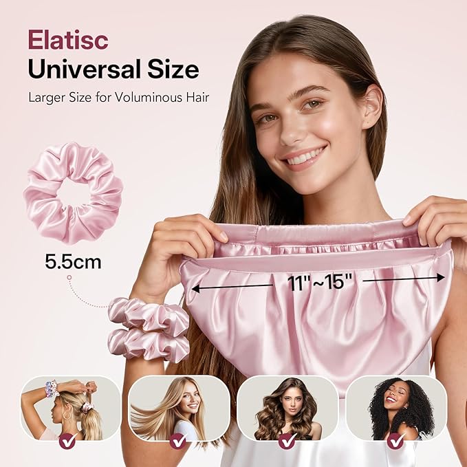 LitBear Silk Satin Bonnet for Sleeping Women, Adjustable Double Layer Hair Bonnet with Scrunchies for Curly Natural Hair, Non Slip Softer Night Sleep Cap Pink