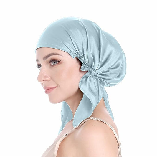 SissiLita 100% Silk Bonnet for Sleeping, Mulberry Silk Sleep Cap with Tie Band for Curly Hair Care (Blue)
