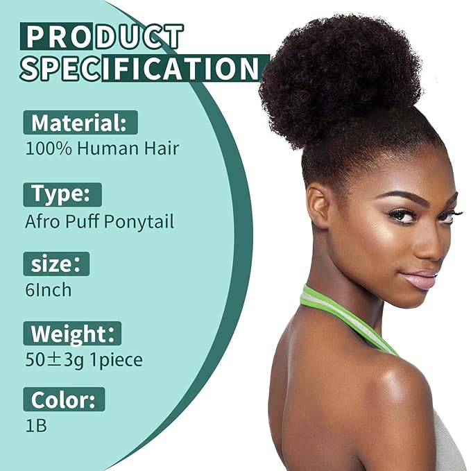 Afro Puff Human Hair Drawstring Ponytail for Black Women 6 Inch Curly 100% Brazilian Virgin Human Hair Ponytail Short Extension Hairpieces Updo Hair for Black Women Girls 50g #1B Natural Color
