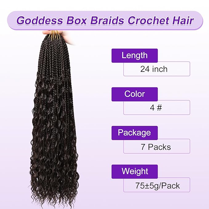 Eacia Goddess Box Braids Crochet Hair 24 Inch 7 Packs Boho Box Crochet Hair for Women Pre Looped Dark Brown Braids with Curly Ends (24 Inch, 4#)