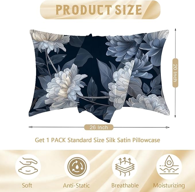 Satin Pillowcase with Zipper for Hair and Skin White and Blue Petals and Leaves 1 Pack Soft Silk Pillow Case Standard Size Wrinkle-Free Smooth and Cooling Satin Pillow Cover 20”x26”