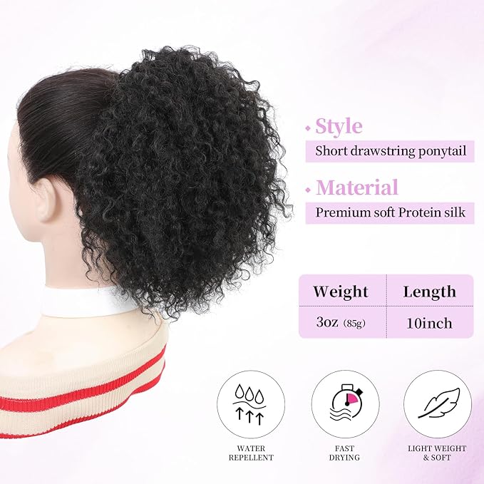 Drawstring Curly Ponytail Extensions for Black Women Protein Silk Fiber Human Hair Soft Feeling Afro Kinky Curly Hair Puff Pony tails Lightweight, Soft Natural Budget-Friendly for Daily Styles