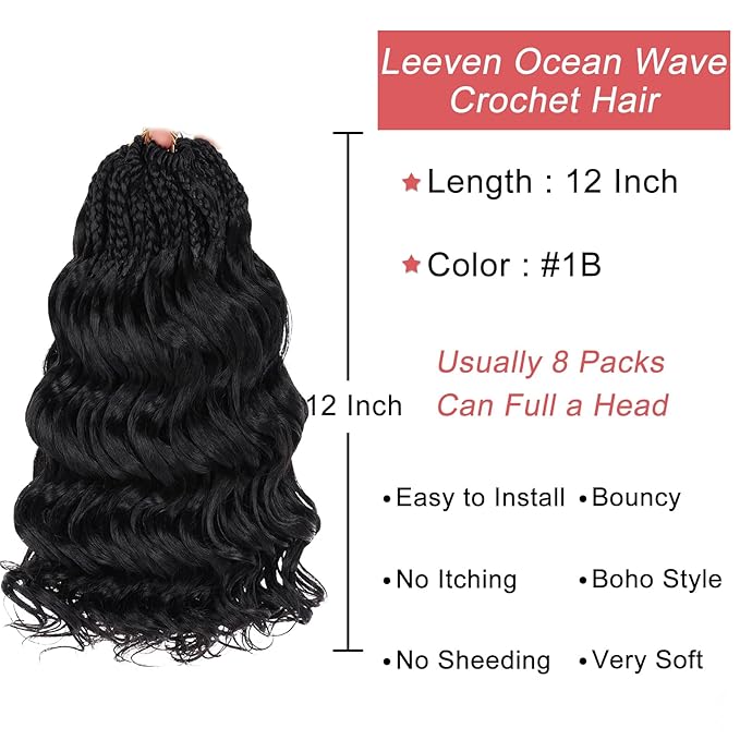 Leeven Curly Crochet Hair 12 Inch 8 Packs Pre Looped Ocean Wave Crochet Hair Black Short Boho Ocean Braids Pre Twisted Synthetic Deep Wavy Crochet Braids for Women
