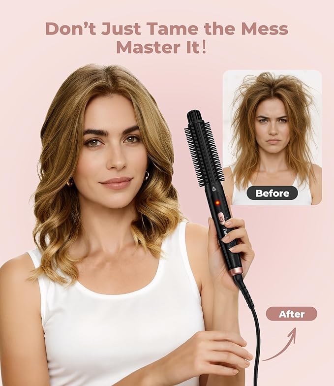 Farery 1 Inch Thermal Brush Curling Iron for Smooth Natural Curls – Anti-Scald Hard Bristles, Lightweight, One-Button Start, Dual Voltage Travel Hair Tool with 360° Swivel Cord, 410°F Fast Heat