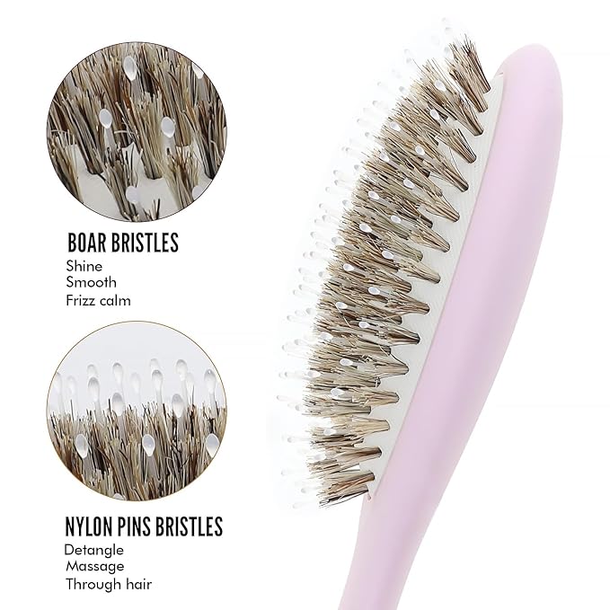 Boar Bristle Hair Brush -boar bristles + nylon pins， Smoothes & Detangles All Hair Types, Hairbrush for Women, Men & Kids, Distributes Oils for Natural Shine & Stimulates Scalp