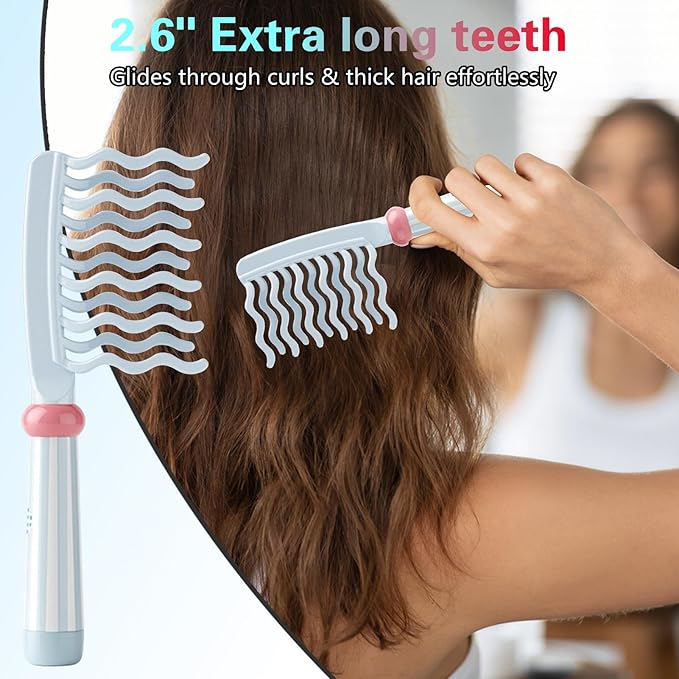 Wide Tooth Comb for Curly, Detangling Comb with Double Row Wavy Tooth and Ergonomic Handle for Long/Thick Dry/Wet Hair for Women/Girl without Straighten the Curl Hair Style (Blue)