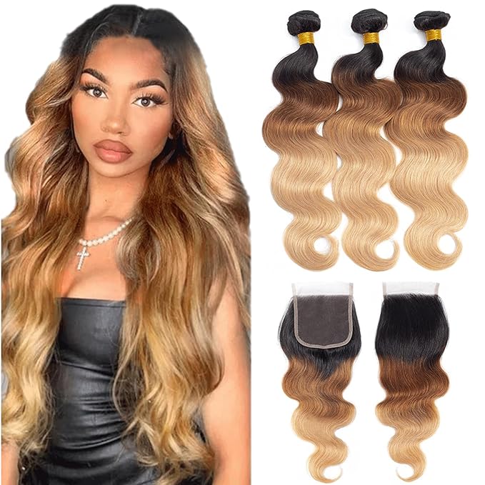 12A Ombre Bundles Human Hair with Closure (14 16 18+12") 100% Real Human Hair Triple Lifespan 3X Unprocessed Brazilian Virgin Hair Ombre Body Wave Human Hair Weave Bundles with Closure