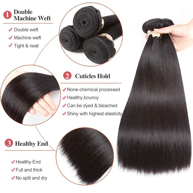 Brazilian Straight Human Hair 3 Bundles With 13x4 Ear to Ear Lace Frontal Closure (16 18 20+16 Frontal) Unprocessed Virgin Natural Color