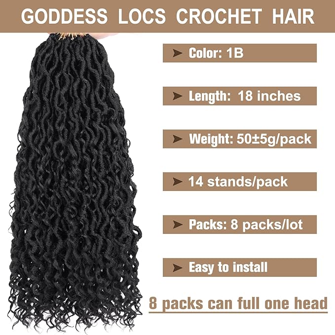 COOKOO 18 Inch 8 Packs (14 Srtands/Pcs) Pre-looped Crochet Goddess Locs with Curly Ends Jet black Soft Faux Locs Wavy Crochet Braiding Hair Pre Curled Goddess bohemian Locs Crochet Hair for Women