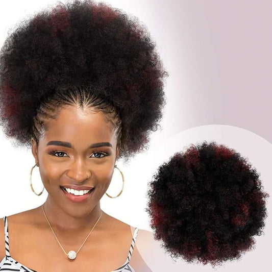 GLAM21USA Afro Puff Drawstring Ponytail Retro Kinky Curly Ponytail Wig Clip in Bun Hair Piece for Black Women Synthetic Hair Extension (LARGE, FS1B/BG (Off black frosted with Burgundy))