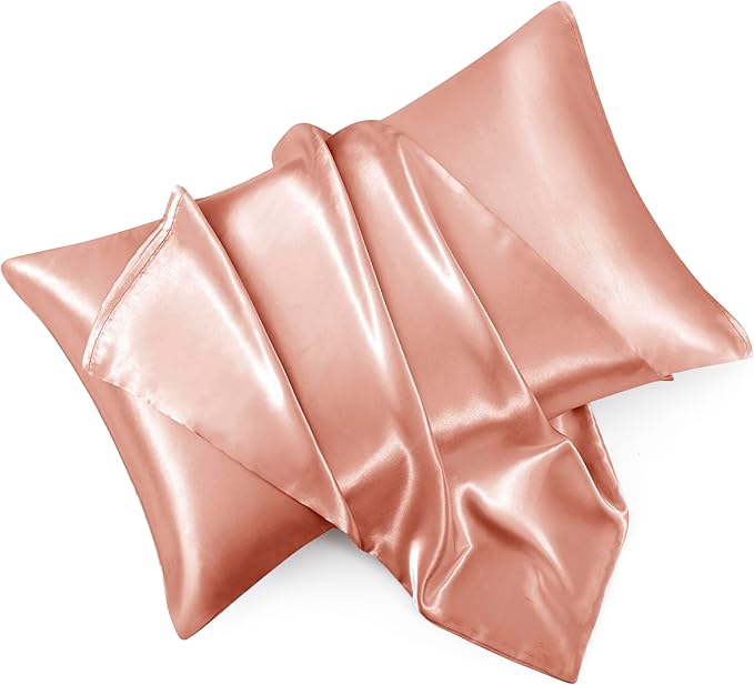 Rose Gold Satin Pillowcase Standard Set of 2 with Envelope Closure，Rose Gold Silk Pillowcase for Hair and Skin (20x26)
