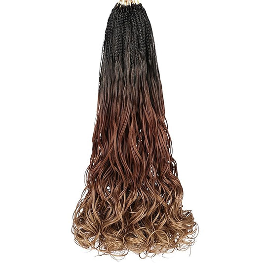 Leeven Boho French Curl Crochet Braids 18 Inch 8 Packs Ombre Brown to Honey Blonde Pre Looped Curly Crochet Hair Long Goddess Box Braids 3 Tone Loose Wave Synthetic Hair Extensions for Women Girl
