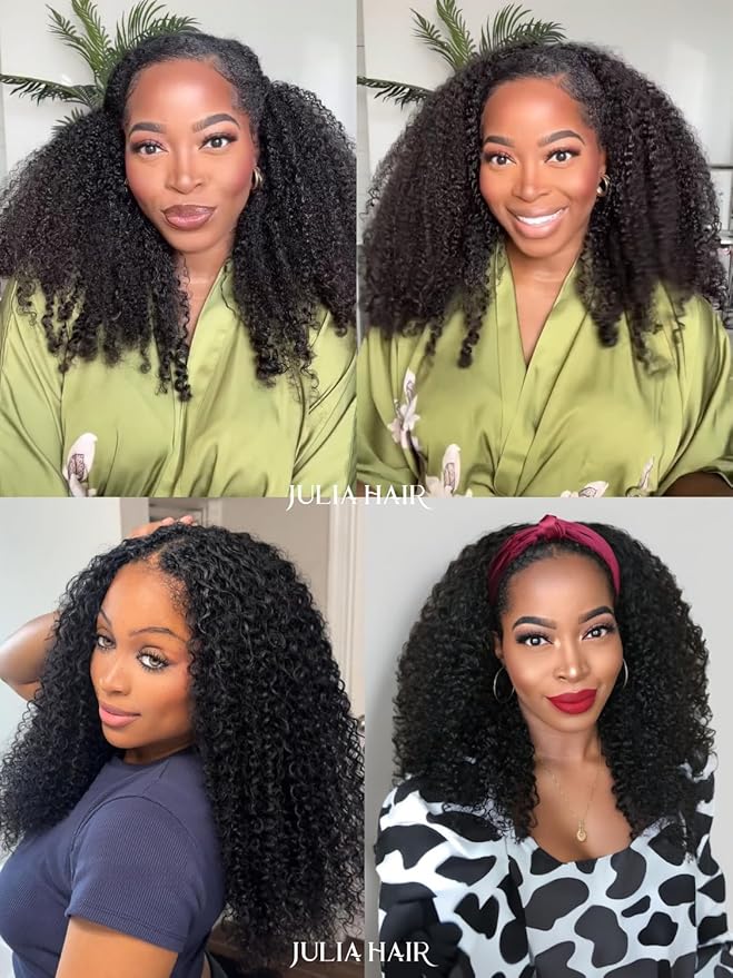 Julia Hair Afro Kinky Curly Half Wigs Human Hair 4C Blend Edges Hairline with Drawstring 3 In 1 Flip Over Clip in Glueless Beginner Friendly Headband Curly 3/4 Half Wig for Women26 Inch