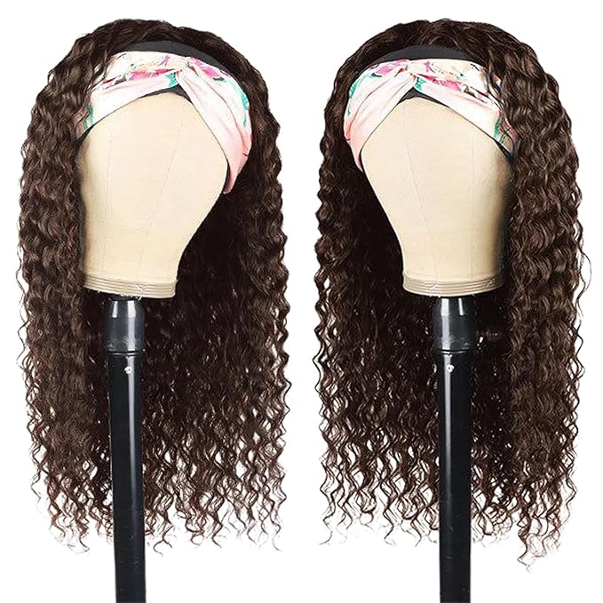 Chocolate Brown Headband Wig Human Hair Curly 12 Inch Machine Made None Lace Front Wig #4 Chocolate Brazilian Virgin Deep Wave Headband Half Wigs for Black Women Human Hair