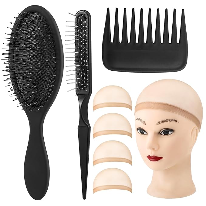 3Pcs Wig Brushes for Synthetic Hair with 4Pcs Wig Cap and Wide Tooth Hair Comb No More Hair Pulling