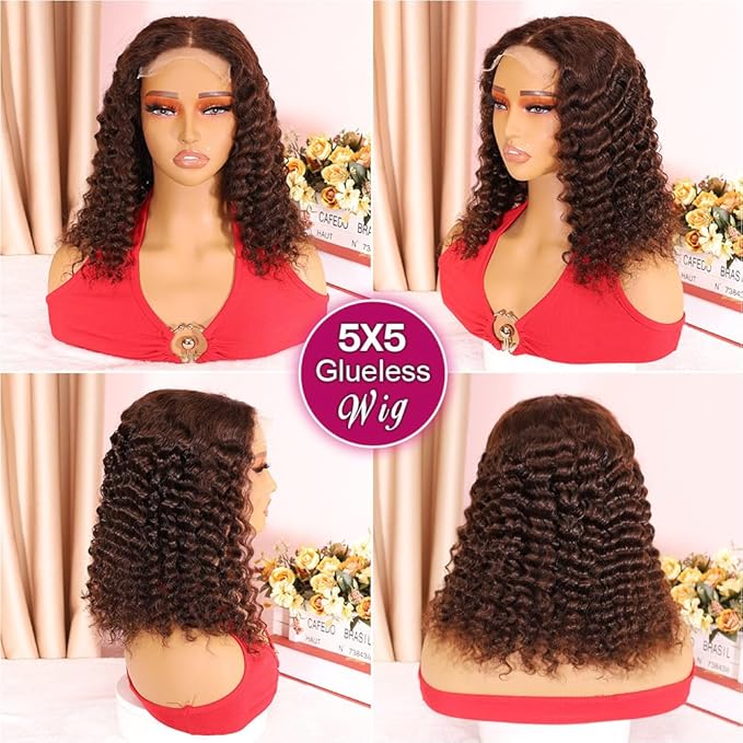 Curly Bob Wig Human Hair Deep Wave Glueless Wigs Human Hair Pre Plucked Pre Cut 5x5 Wear And Go HD Lace Closure Wigs Human Hair For Black Women 200% Density Chocolate Brown Color 14 Inch