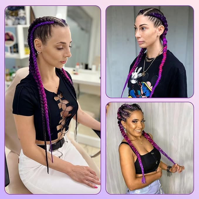 Purple/Rose/Purple Pre stretched Braiding Hair 2 Packs Pre feathered Braid Hair Extensions 30 Inches Synehetic Hair Braids