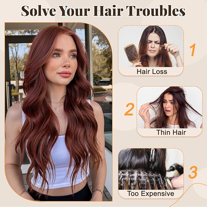 ALXNAN Clip in Long Wavy Synthetic Hair Extension 24 Inch Wine Red 4PCS Thick Hairpieces Fiber Double Weft Hair for Women