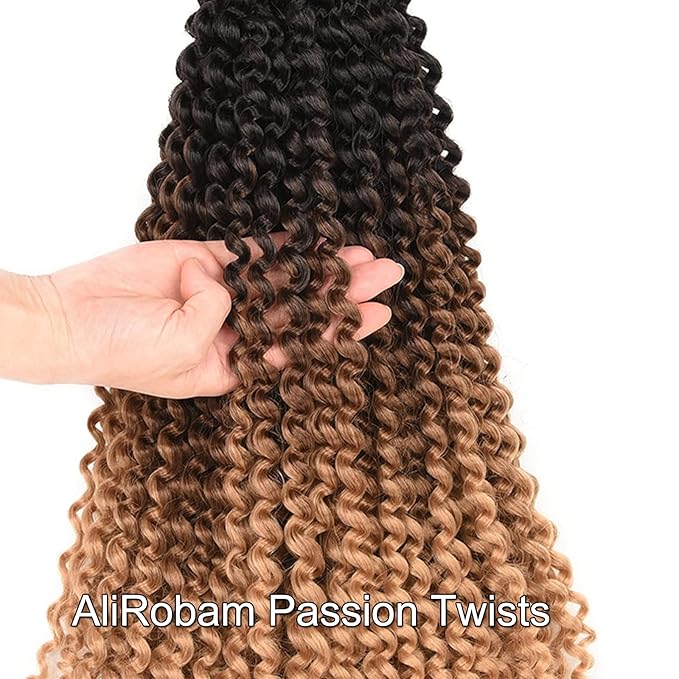 Ombre Passion Twist Hair Water Wave Long Bohemian Curly Crochet Braids For Bomb Twists Goddess Locs Synthetic Braiding Hair Extensions For Black Woman 6 Packs (18inch, Black-dark brown-light brown)