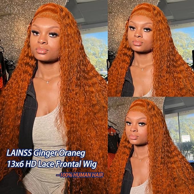 Ginger Orange Lace Front Wigs Human Hair Pre Plucked Deep Curly 13x6 HD Lace Frontal Wigs Glueless Colored Wig 210% Density 30Inch