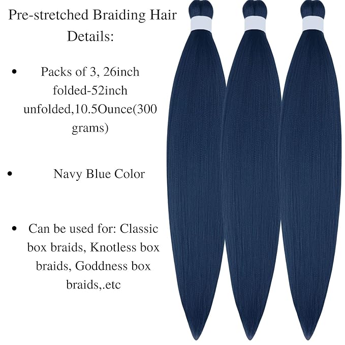 Leticia Navy Blue Braiding Hair Pre stretched Hypoallergenic Knotless Ez Braiding Hair for Braids Prestretched Synthetic Hair Extension for Women（Packs of 3,26",10 OZ）