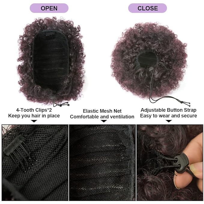 YEAME Afro Puff Drawstring Ponytail for Black Women, Short Kinky Curly Afro Ponytail Synthetic Hair Puffs, Premium Ombre Burgundy Afro Bun Drawstring Ponytail for Women Girls (1T99J Ombre Burgundy)