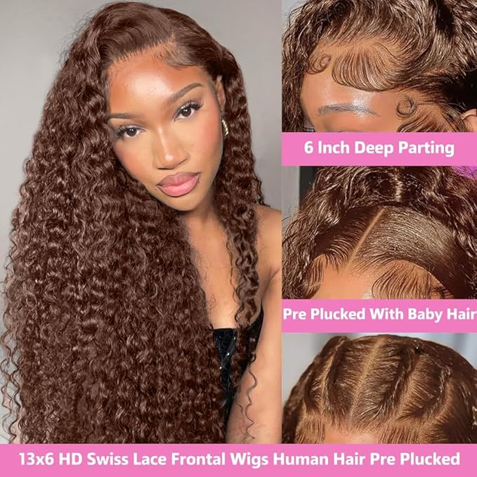 MEGOOD 200 Density 13x6 Deep Wave Reddish Brown Lace Front Wigs Human Hair Reddish Brown Curly Human Hair Wig 33# 13x6 HD Lace Frontal Wigs Human Hair Pre Plucked For Women Brown Wig 18 Inch