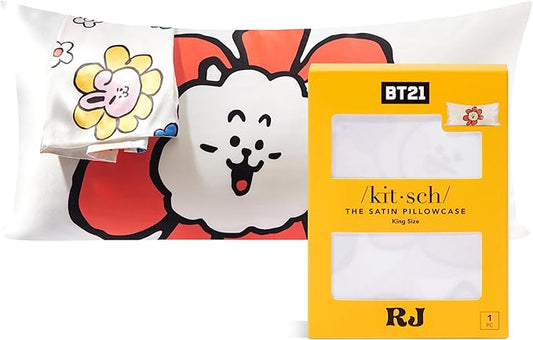 Kitsch x BT21 Satin Pillowcase with Zipper – Better Than Silk Pillowcase, RJ Character & Funky Floral Print – Soft Cooling Toddler Bed Time Pillow Case for Hair & Skin – King Size 19x36