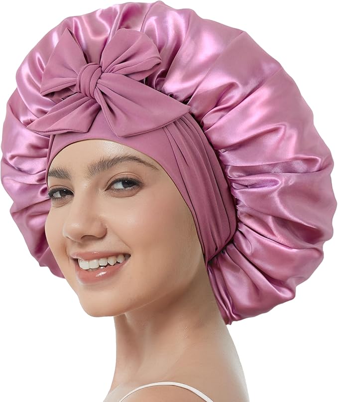 Satin Bonnet with Tie Band,Silk Hair Bonnet for Sleeping Women,Bonnets for Women,Double Layer Sleep Cap for Braids Curly Hair