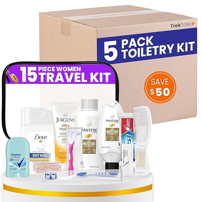 Trektote Bulk Hygiene Kit For Women – (5 Pack) 15 Piece Set – Featuring Top Trusted Brands, TSA Compliant, Bulk Travel Essentials, Includes Shampoo And Conditioner, Body Wash, Toiletry Bag & More