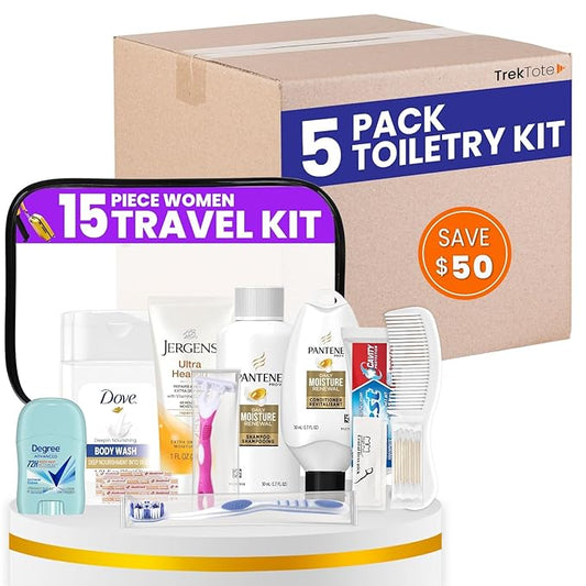 Trektote Bulk Hygiene Kit For Women – (5 Pack) 15 Piece Set – Featuring Top Trusted Brands, TSA Compliant, Bulk Travel Essentials, Includes Shampoo And Conditioner, Body Wash, Toiletry Bag & More