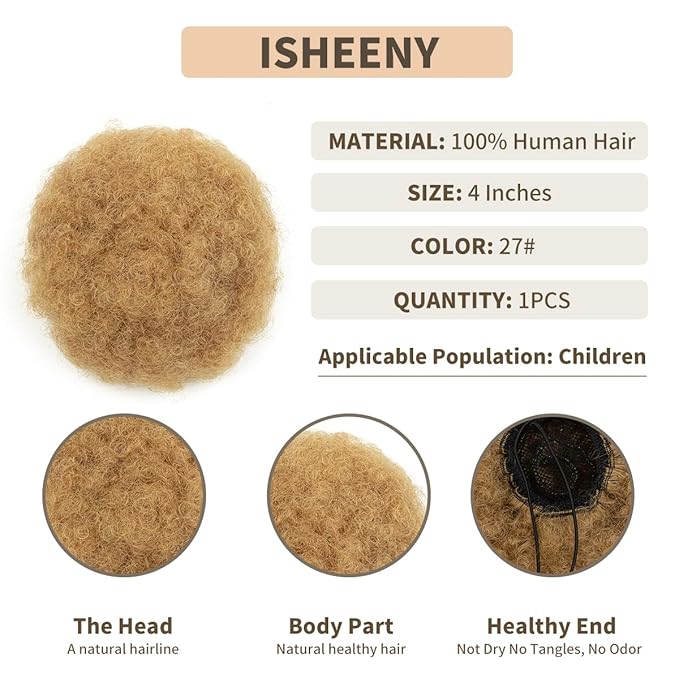 isheeny Small Human Hair Ponytail Extension For Kids 2-5 Years Old,100% Human Hair Bun Small Drawstring Ponytail 27# For Little Girls, Curly Hairpiece Natural, Soft, And Durable For Repeated Use