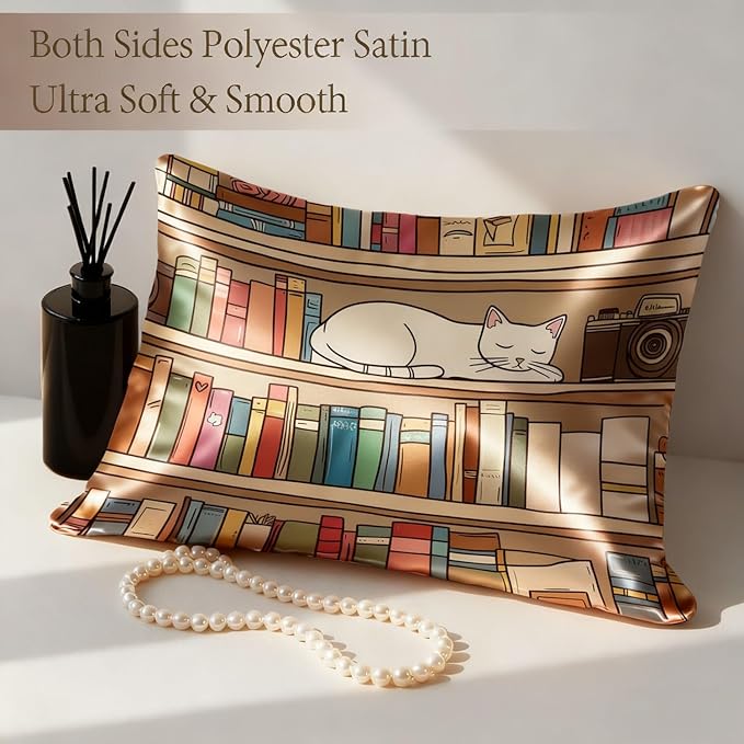 Silk Pillowcase for Hair and Skin Cartoon White Cat Bookshelf Satin Pillowcase Standard Size with Zipper Silky Soft Cooling Satin Pillowcase Sleeping for Women 20"x26"