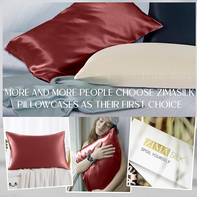 ZIMASILK 100% Pure Mulberry Silk Pillowcase for Hair and Skin Health,Soft and Smooth,Both Sides Premium Grade 6A Silk,600 Thread Count,with Hidden Zipper,1pc (Queen 20''x30'',Burgundy)