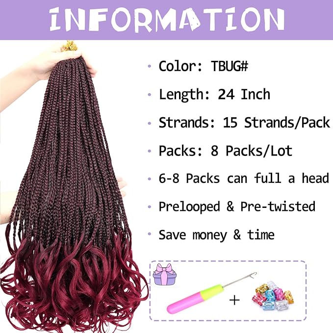 Ombre French Curl Crochet Braids 24 Inch Goddess Box Braids Crochet Hair for Women 8 Packs Burgundy Pre Looped Crochet Box Braid with Curly Ends Synthetic French Curly Braiding Hair Extensions 1B/BUG