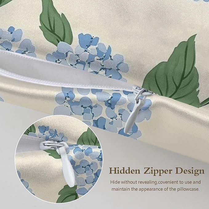 Silk Pillowcase for Hair and Skin Blue Hydrangea Flowers and Leaves Satin Pillowcase Standard Size with Zipper Silky Soft Cooling Satin Pillowcase Sleeping for Women 20"x26"