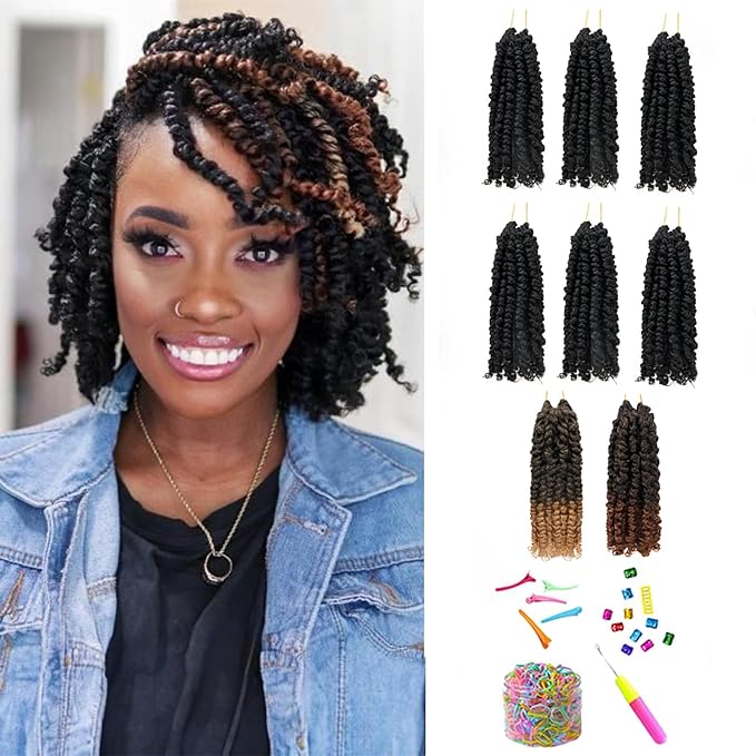 Passion Twist Crochet Hair-Mixed Color Combo Pack(6 packs 1B+1 pack T1B/27+1 pack T1B/30),Pre-twisted Pre Looped Short Synthetic Braided Hair Extensions For Black Women and Kid(6"-8 Packs,1B+T27+T30)