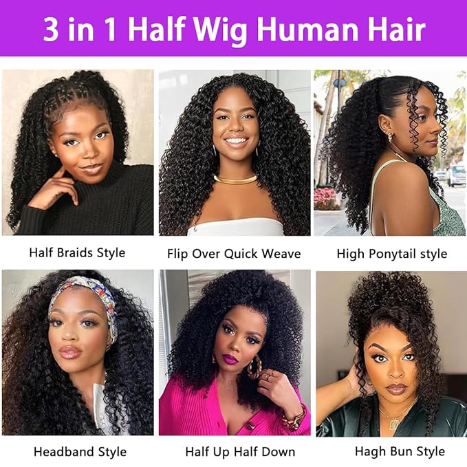 Glueless Half Wigs Human Hair Jerry-Curly Headband Wig Upgrade 3 In 1 Half Wig With Drawstring Seamless Clip Ins Flip Over 200 Density Curly Human Hair Wig For Black Women 16 Inch