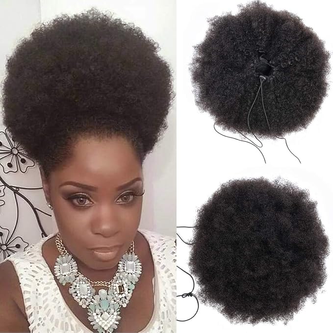 wenyu Afro Puff Drawstring Ponytail Human Hair Bun For Black Women 8A Brazilian Virgin Afro Kinky Curly Clip In Ponytail Extension Human Hair Pieces Natural Color (8 Inch, Drawstring Ponytail)