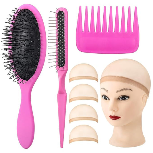 3Pcs Wig Brush for Synthetic Hair with 4Pcs Wig Cap and Wide Tooth Hair Comb No More Hair Pulling